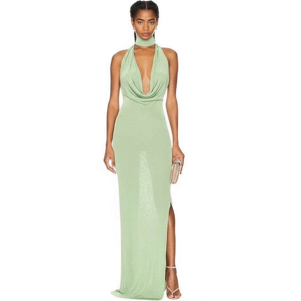 New Aya Muse Edo Halterneck Draped Maxi Dress S Light Green